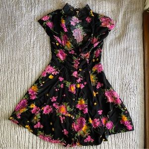 Free People Black Pink & Green Floral Mini Dress Size 4 / Small Boho Lace Indie